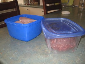 Meat in containers